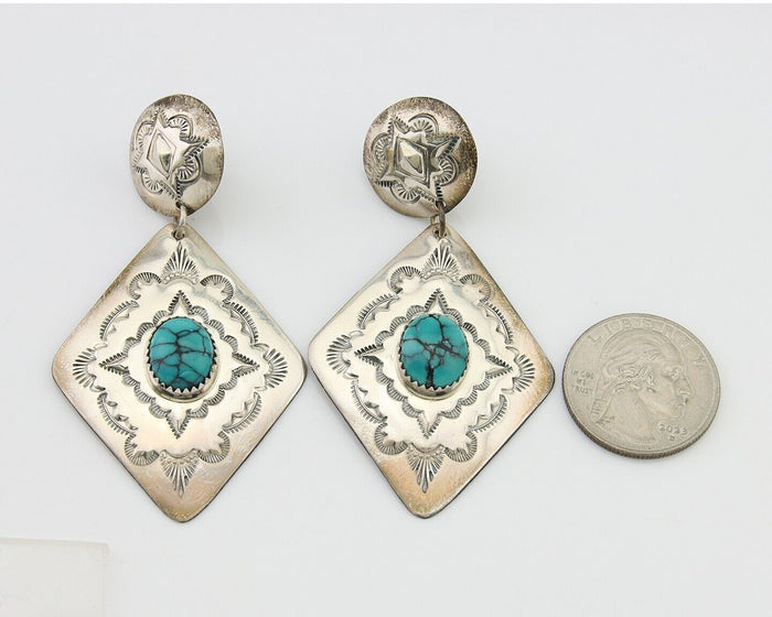 Navajo Dangle Earrings 925 Silver Natural Blue Turquoise Artist Signed LS C.80's