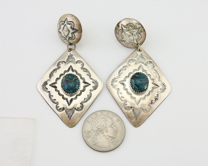 Navajo Dangle Earrings 925 Silver Natural Blue Turquoise Artist Signed LS C.80's