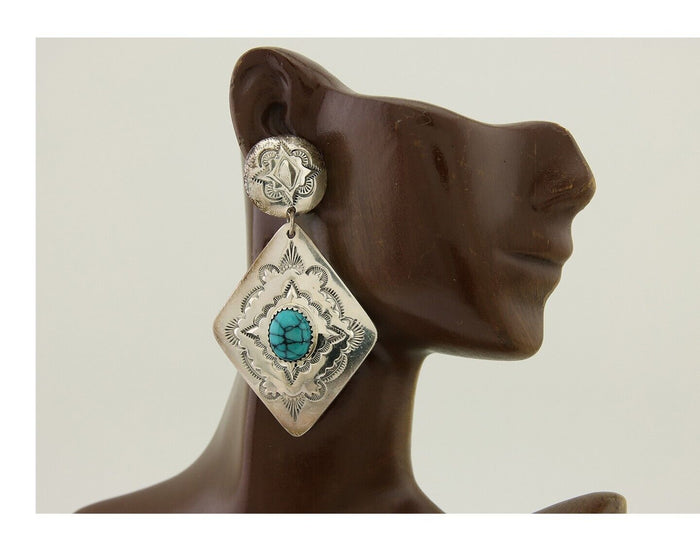 Navajo Dangle Earrings 925 Silver Natural Blue Turquoise Artist Signed LS C.80's