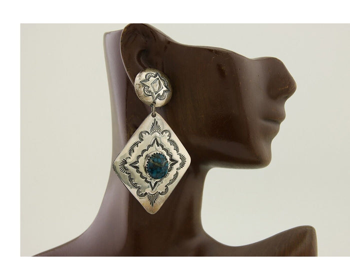 Navajo Dangle Earrings 925 Silver Natural Blue Turquoise Artist Signed LS C.80's
