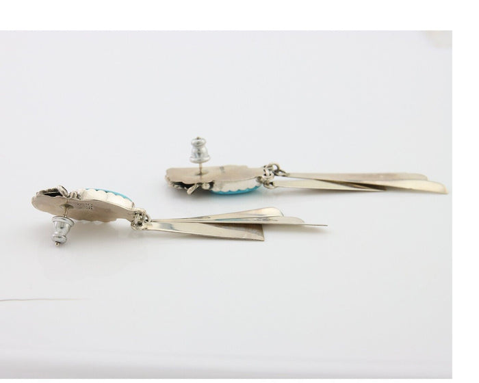 Navajo Dangle Earrings 925 Silver Natural Blue Turquoise Artist Signed M.S. C80s