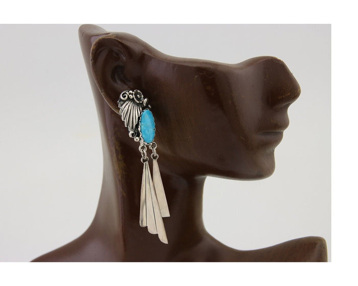 Navajo Dangle Earrings 925 Silver Natural Blue Turquoise Artist Signed M.S. C80s