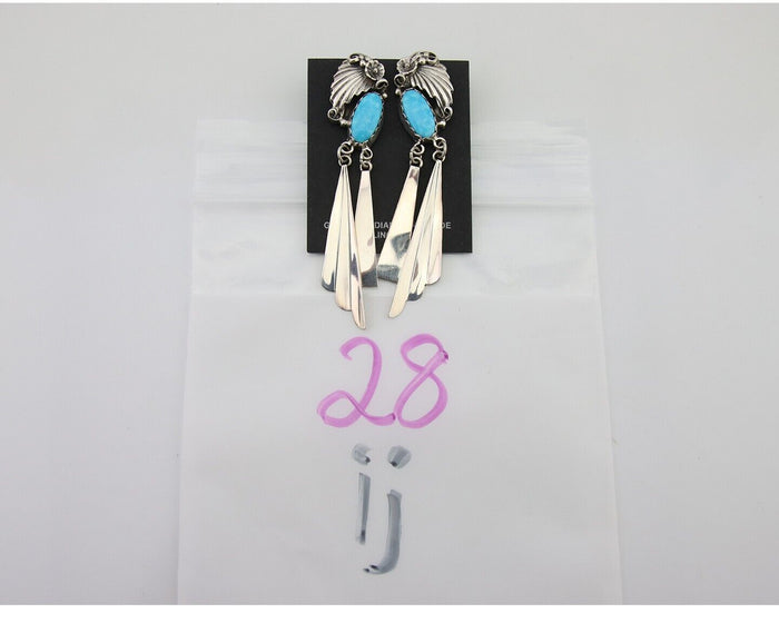 Navajo Dangle Earrings 925 Silver Natural Blue Turquoise Artist Signed M.S. C80s