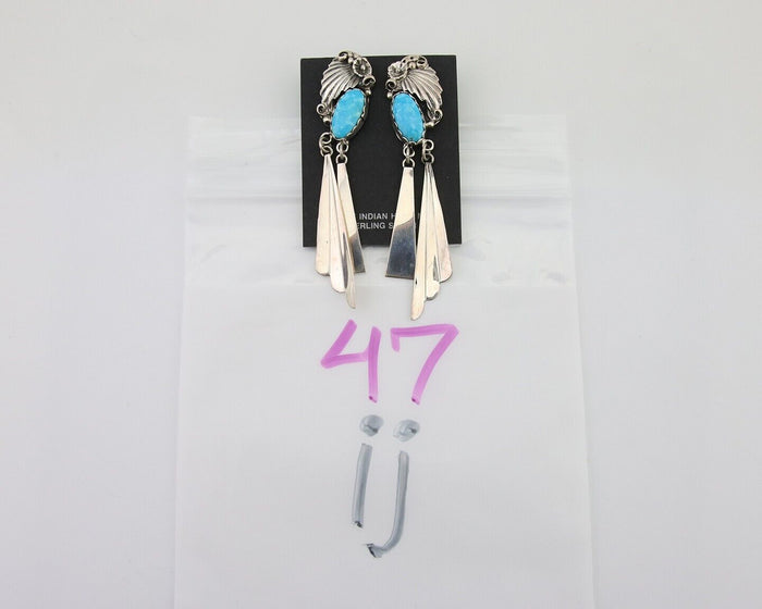 Navajo Dangle Earrings 925 Silver Natural Blue Turquoise Artist Signed M.S. C80s