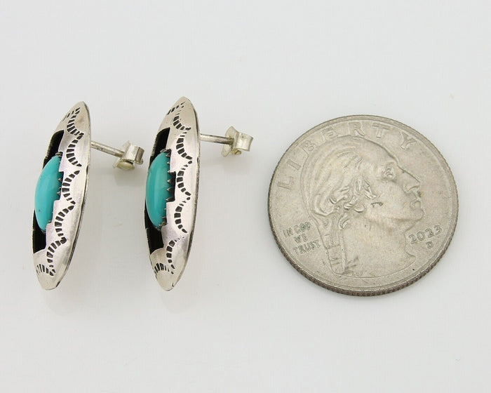 Navajo Dangle Earrings 925 Silver Natural Blue Turquoise Artist Signed P C.80's