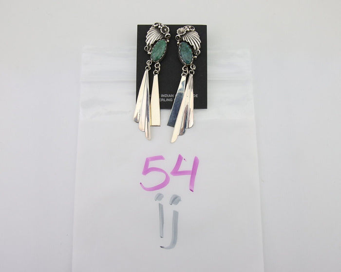 Navajo Dangle Earrings 925 Silver Natural Green Turquoise Artist Signed M.S C80s