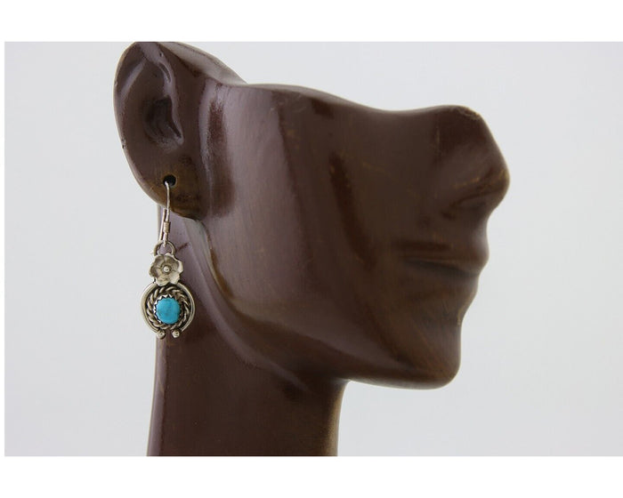 Navajo Dangle Earrings 925 Silver Natural Turquoise Artist Signed DB C.80's