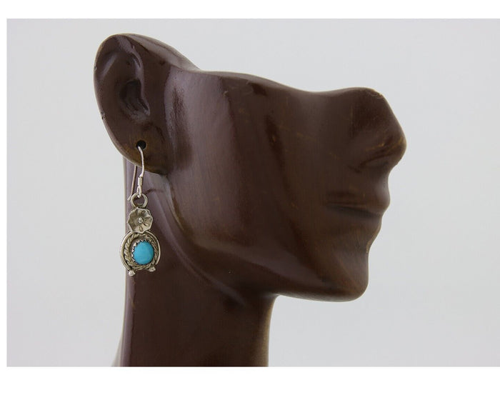 Navajo Dangle Earrings 925 Silver Natural Turquoise Artist Signed DB C.80's