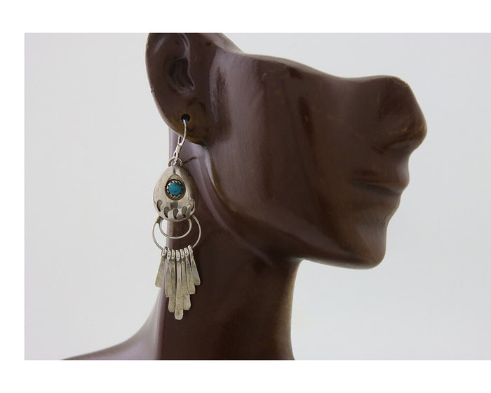 Navajo Dangle Earrings 925 Silver Natural Turquoise Artist Signed ES C.80's