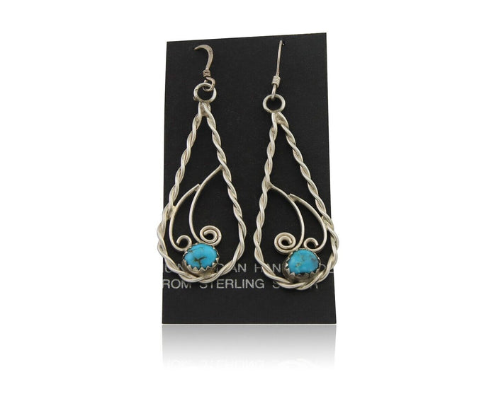 Navajo Dangle Earrings 925 Silver Natural Turquoise Artist Signed JB C.80's