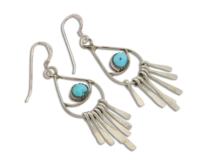Navajo Dangle Earrings 925 Silver Natural Turquoise Artist Signed JB C.80's