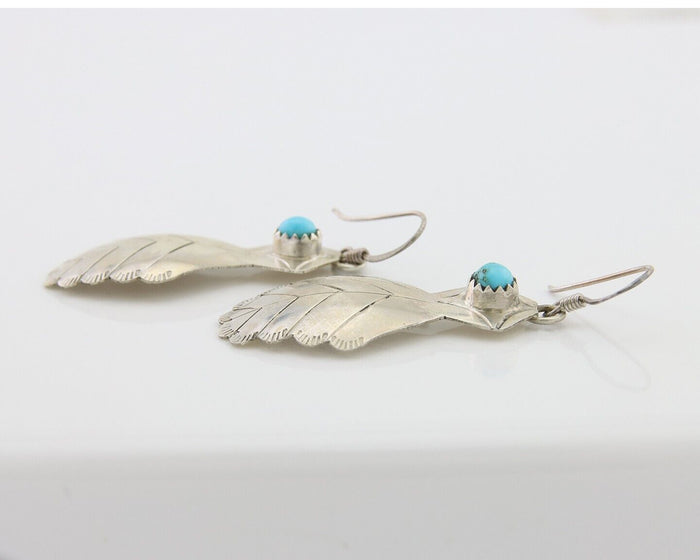 Navajo Dangle Earrings 925 Silver Natural Turquoise Artist Signed JB C.80's