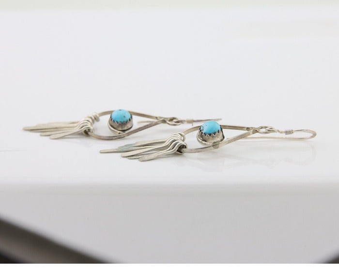 Navajo Dangle Earrings 925 Silver Natural Turquoise Artist Signed JB C.80's