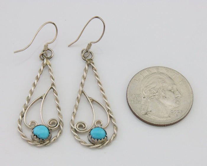 Navajo Dangle Earrings 925 Silver Natural Turquoise Artist Signed JB C.80's