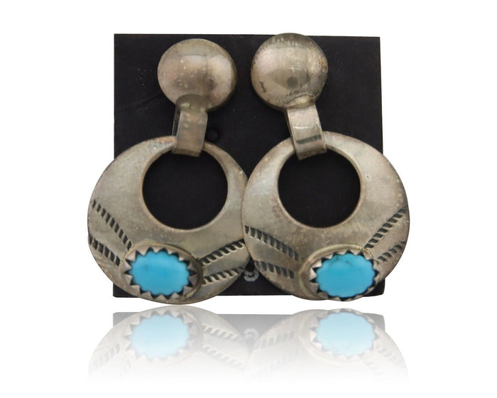 Navajo Dangle Earrings 925 Silver Natural Turquoise Artist Signed KF C.80's