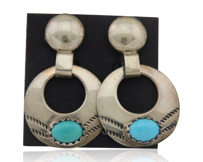 Navajo Dangle Earrings 925 Silver Natural Turquoise Artist Signed KF C.80's