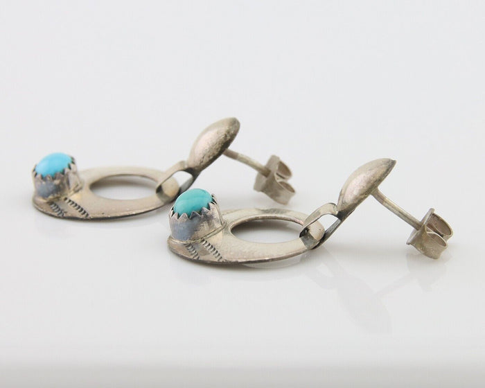 Navajo Dangle Earrings 925 Silver Natural Turquoise Artist Signed KF C.80's