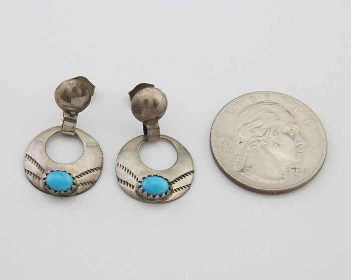 Navajo Dangle Earrings 925 Silver Natural Turquoise Artist Signed KF C.80's