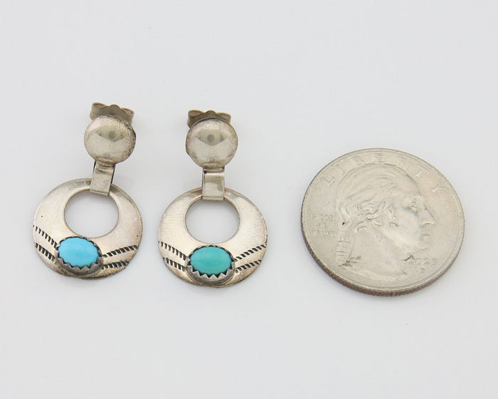 Navajo Dangle Earrings 925 Silver Natural Turquoise Artist Signed KF C.80's