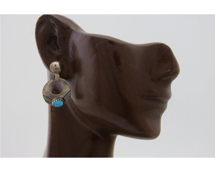 Navajo Dangle Earrings 925 Silver Natural Turquoise Artist Signed KF C.80's