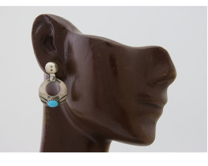 Navajo Dangle Earrings 925 Silver Natural Turquoise Artist Signed KF C.80's