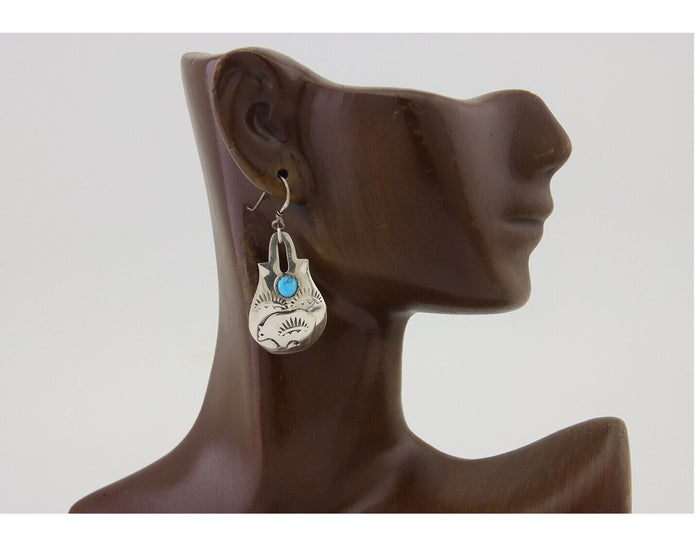 Navajo Dangle Earrings 925 Silver Natural Turquoise Artist Signed L. Ramon C.80s