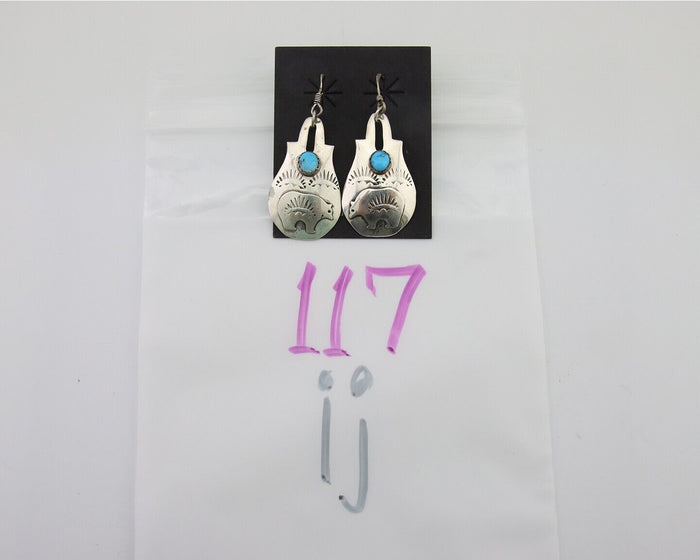 Navajo Dangle Earrings 925 Silver Natural Turquoise Artist Signed L. Ramon C.80s