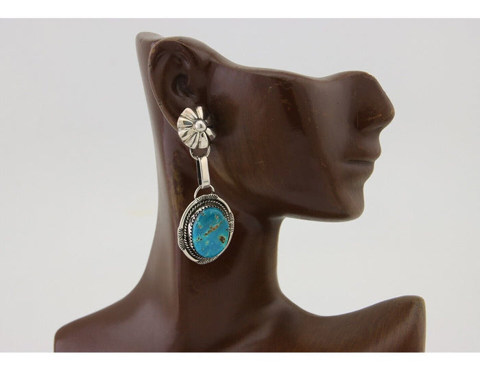 Navajo Dangle Earrings 925 Silver Natural Turquoise Artist Signed Mike Begay C80
