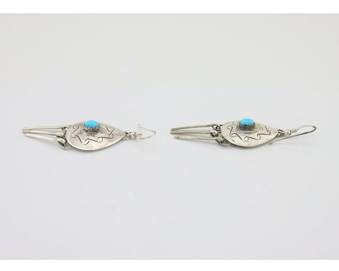 Navajo Dangle Earrings 925 Silver Natural Turquoise Artist Signed Tom C.80's