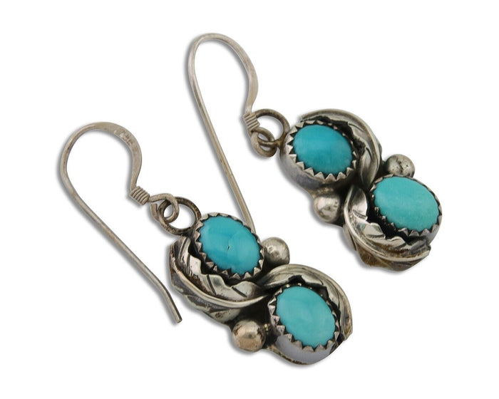 Navajo Dangle Earrings 925 Silver Natural Turquoise Native American Artist C80s