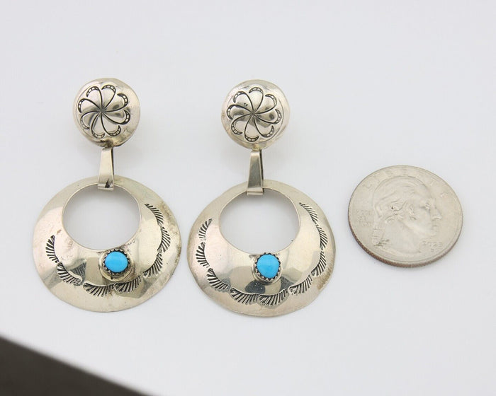 Navajo Dangle Earrings 925 Silver Natural Turquoise Native American Artist C80s