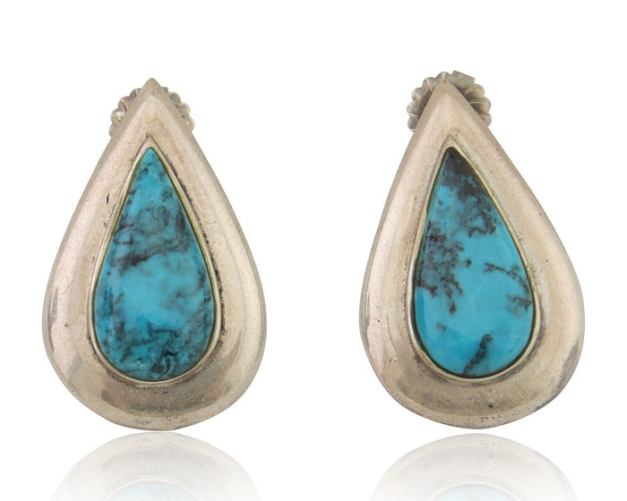 Navajo Dangle Earrings 925 Silver Natural Turquoise Signed Thomas Charay C.1988