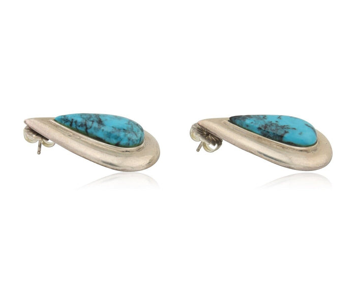 Navajo Dangle Earrings 925 Silver Natural Turquoise Signed Thomas Charay C.1988