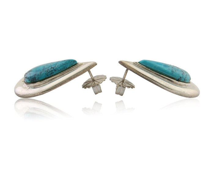 Navajo Dangle Earrings 925 Silver Natural Turquoise Signed Thomas Charay C.1988