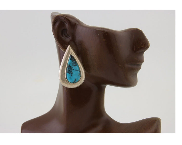 Navajo Dangle Earrings 925 Silver Natural Turquoise Signed Thomas Charay C.1988