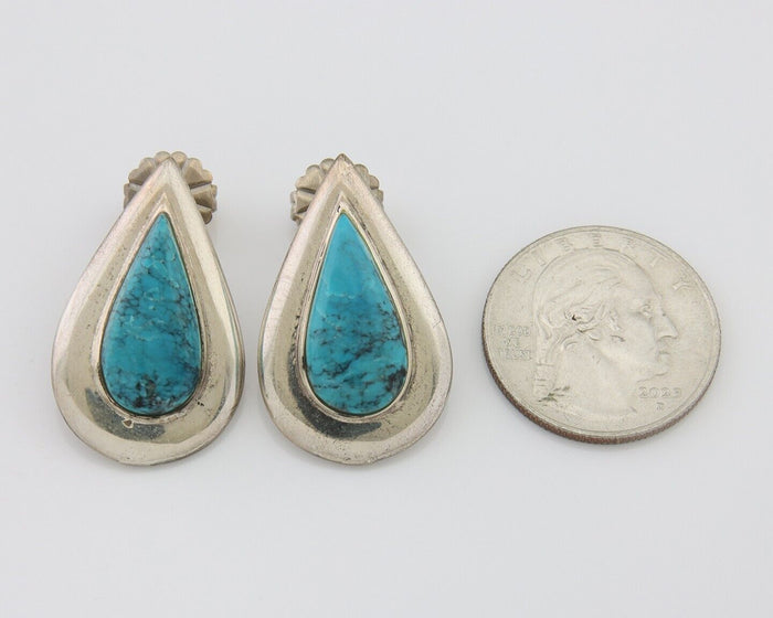 Navajo Dangle Earrings 925 Silver Natural Turquoise Signed Thomas Charay C.1988