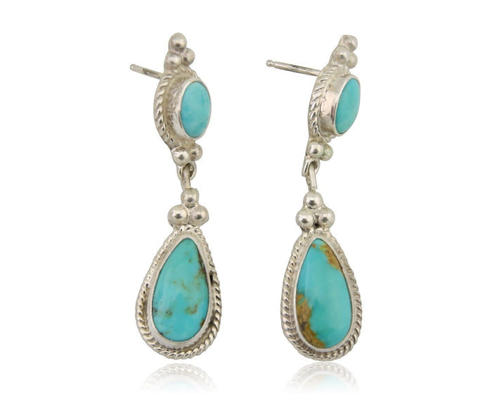 Navajo Dangle Earrings 925 Silver Sleeping Beauty Turquoise Native Artist C.80's