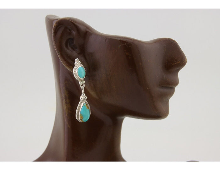 Navajo Dangle Earrings 925 Silver Sleeping Beauty Turquoise Native Artist C.80's