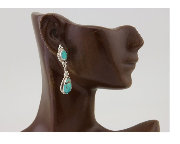 Navajo Dangle Earrings 925 Silver Sleeping Beauty Turquoise Native Artist C.80's