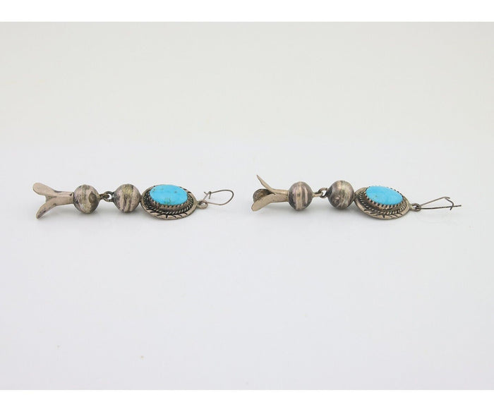 Navajo Dangle Squash Earrings 925 Silver Natural Turquoise Native Artist C.80's
