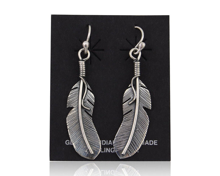 Navajo Eagle Feather Dangle Earrings 925 Silver Native American Artist C.80's