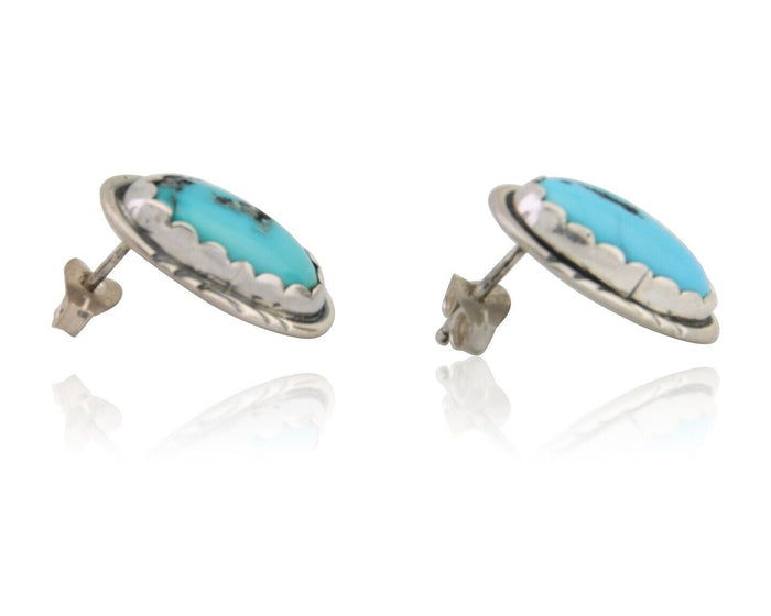 Navajo Earrings 925 Blue Morenci Turquoise Native American Artist C.80's