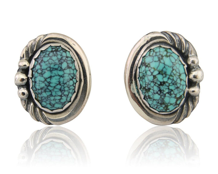 Navajo Earrings 925 Blue Spiderweb Turquoise Native American Artist C.80's