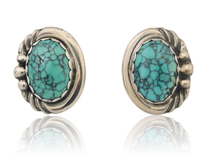 Navajo Earrings 925 Blue Spiderweb Turquoise Native American Artist C.80's