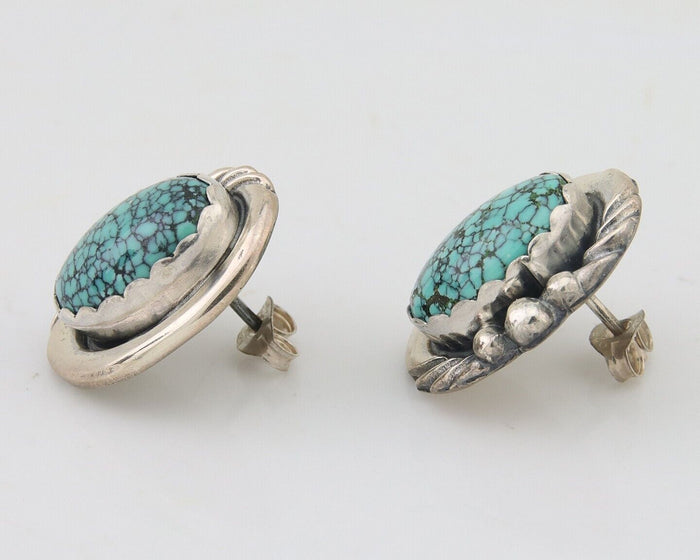 Navajo Earrings 925 Blue Spiderweb Turquoise Native American Artist C.80's