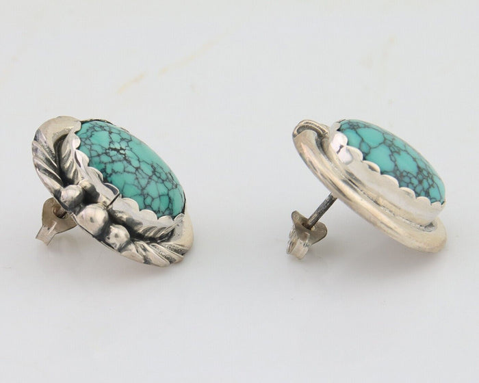 Navajo Earrings 925 Blue Spiderweb Turquoise Native American Artist C.80's