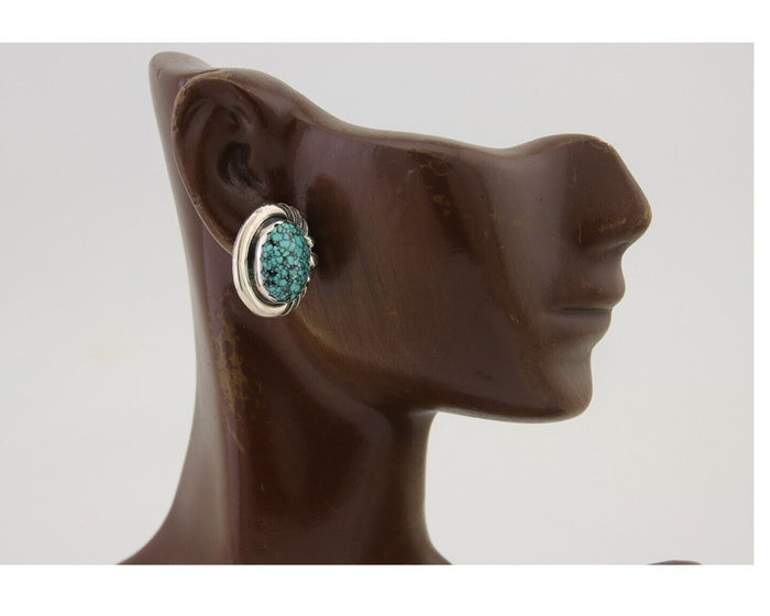 Navajo Earrings 925 Blue Spiderweb Turquoise Native American Artist C.80's