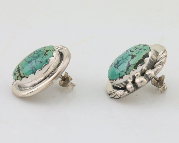 Navajo Earrings 925 Blue Spiderweb Turquoise Native American Artist C.80's