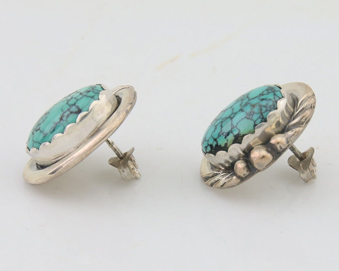 Navajo Earrings 925 Blue Spiderweb Turquoise Native American Artist C.80's