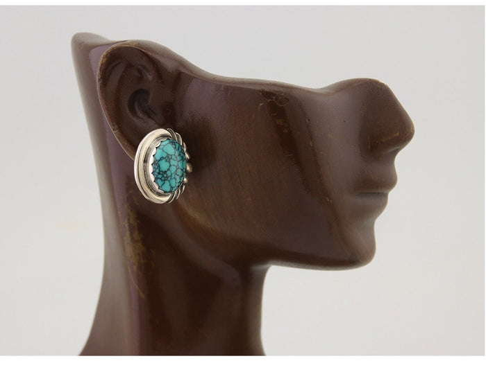 Navajo Earrings 925 Blue Spiderweb Turquoise Native American Artist C.80's